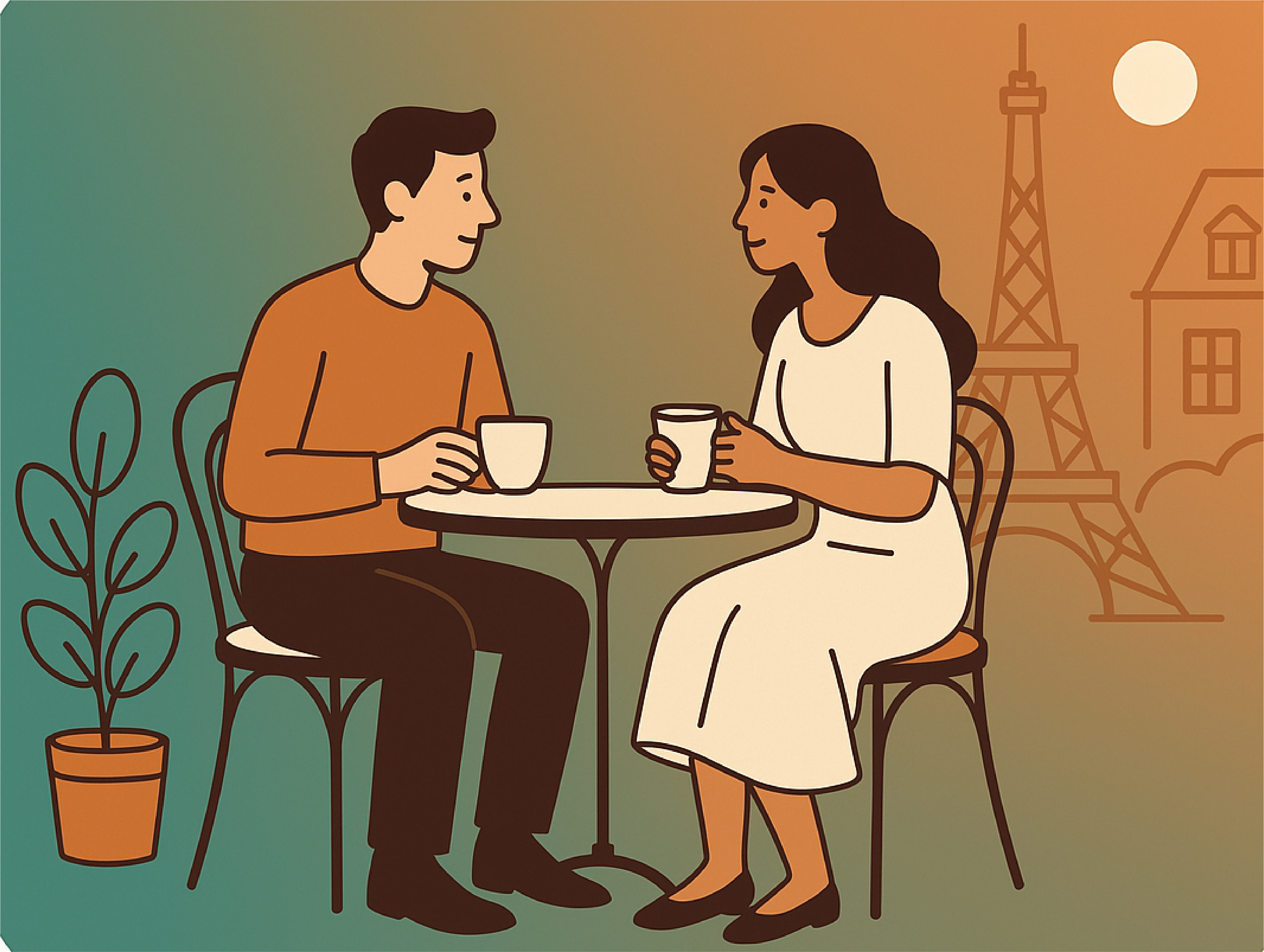 Illustration: couple at a Paris cafe, representing adding experiences to a registry